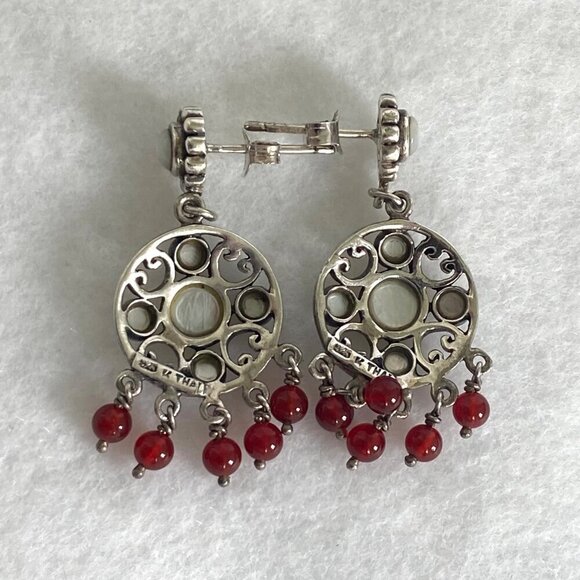 Sterling Silver 925 White Mother Of Pearl Red Beaded Chandelier Dangle Earrings - Picture 6 of 16